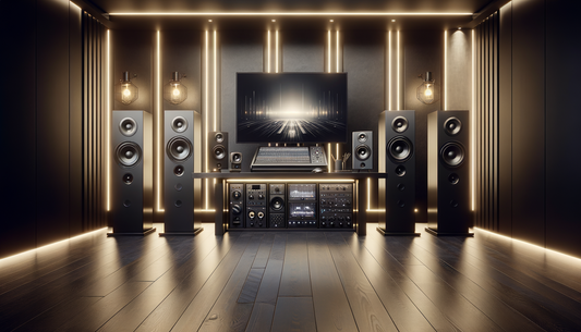 modern office setup with sleek audio speakers and interactive display in warm light