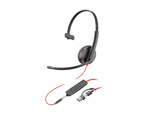 Poly Blackwire 3215 Monaural USB-C Headset +3.5mm Plug +USB-C/A Adapter