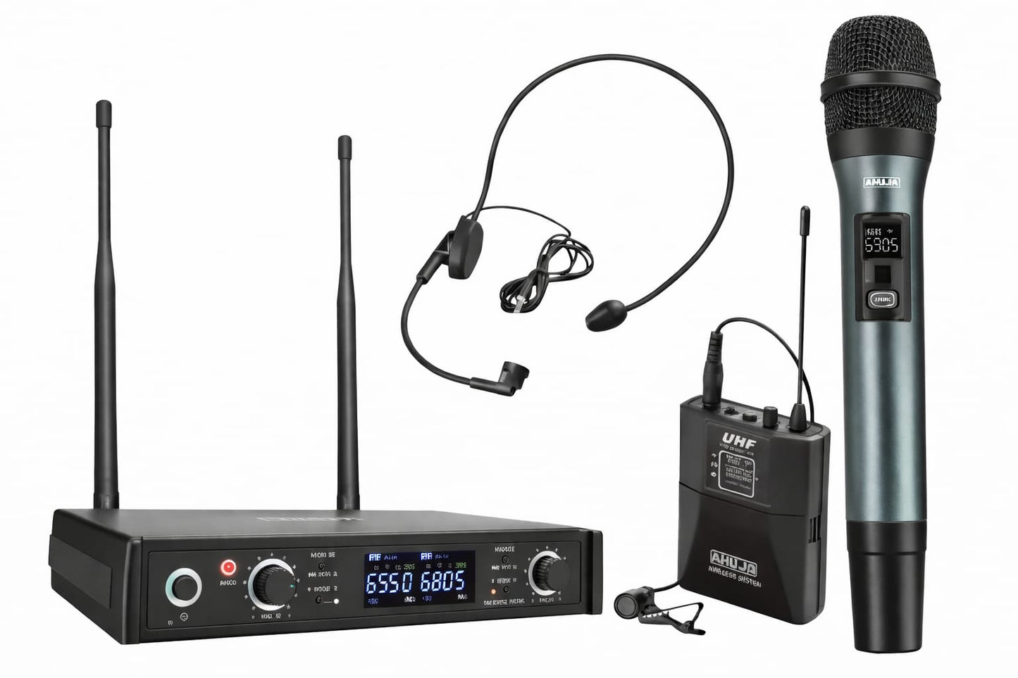 AHUJA AWM-800UHL Dual-Channel UHF Wireless Microphone System with one Handheld Transmitter and one Lapel (tie-Clip) Microphone