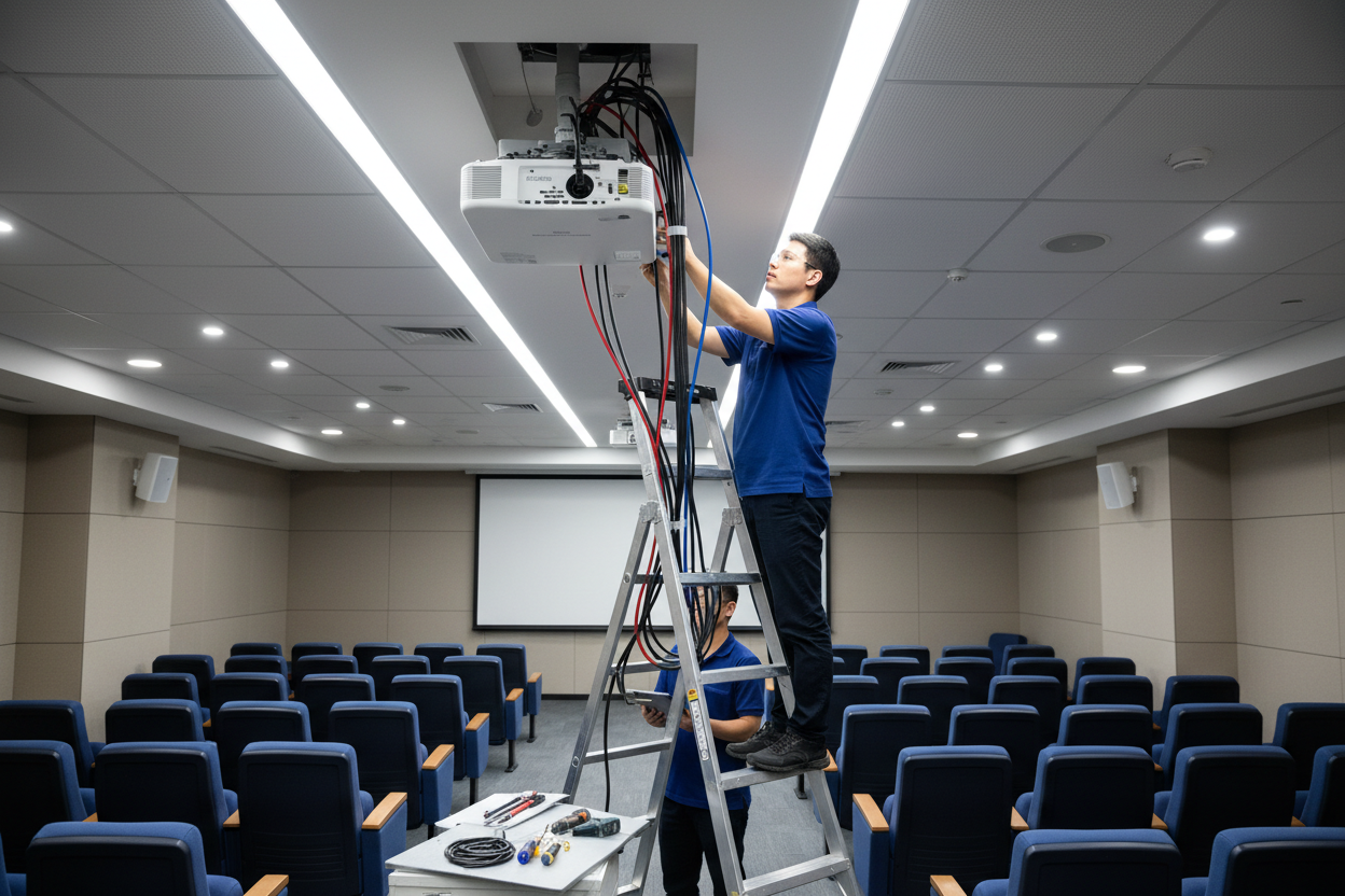 person installing projector equipment and wires